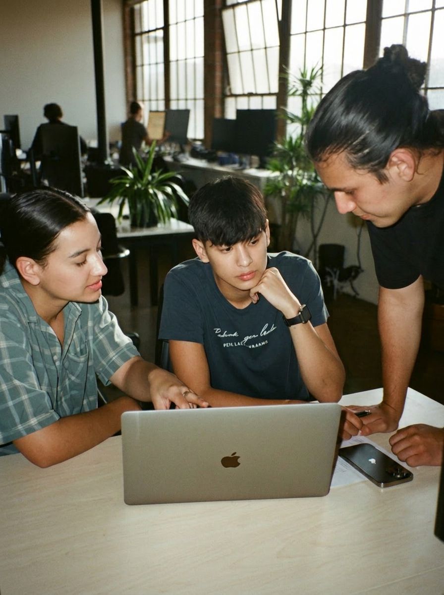 Teammates gathered around a laptop